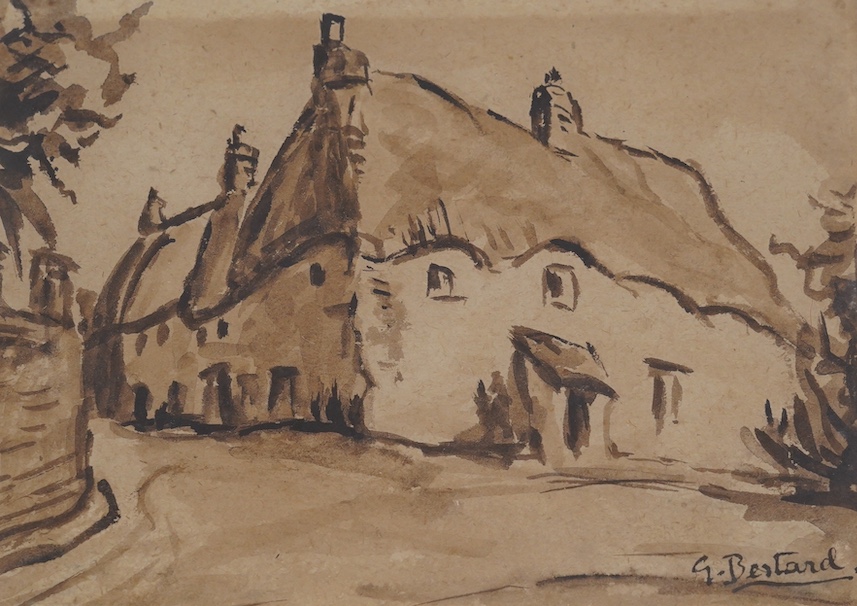 From the Studio of Fred Cuming. G. Bertrand, sepia watercolour, Study of a thatched cottage, signed, 13.5 x 18.5cm. Condition - fair, discolouration to the paper